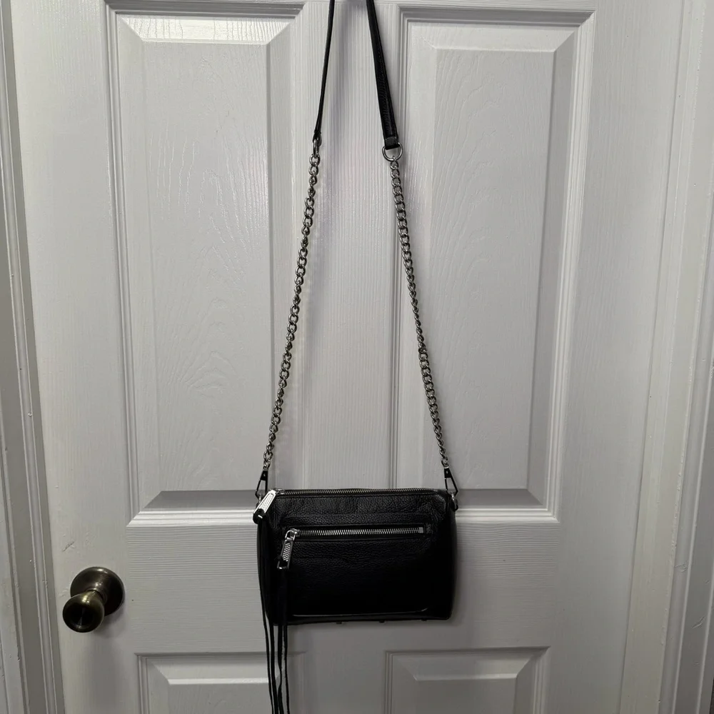 Rebecca Minkoff Avery Leather Crossbody Bag, Pebbled Black Silver Chain